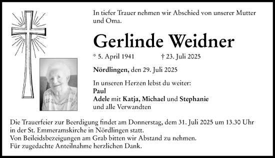 Traueranzeige von Gerlinde Weidner von Rieser Nachrichten