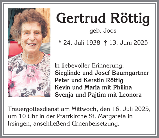Traueranzeige von Gertrud Röttig von Mindelheimer Zeitung