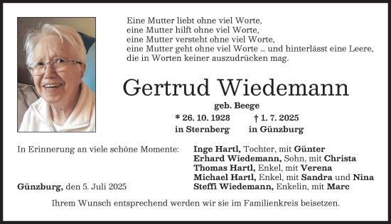 Traueranzeige von Gertrud Wiedemann von Günzburger Zeitung