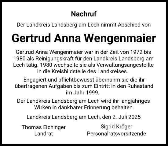 Traueranzeige von Gertrud Anna Wengenmaier von Landsberger Tagblatt