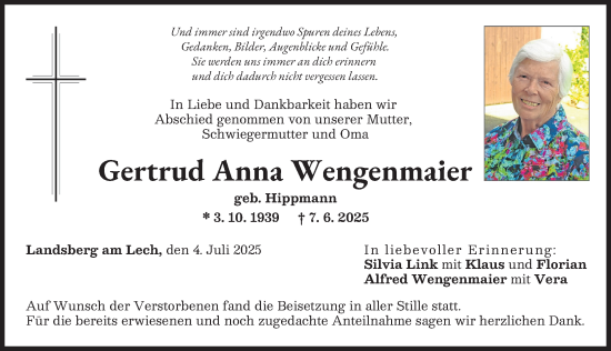 Traueranzeige von Gertrud Anna Wengenmaier von Landsberger Tagblatt