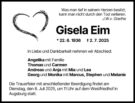 Traueranzeige von Gisela Eim von Augsburger Allgemeine