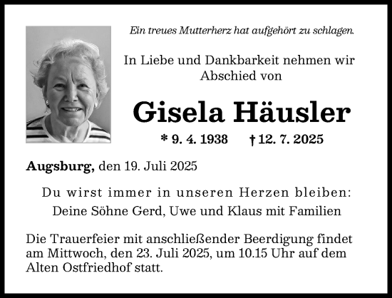 Traueranzeige von Gisela Häusler von Augsburger Allgemeine