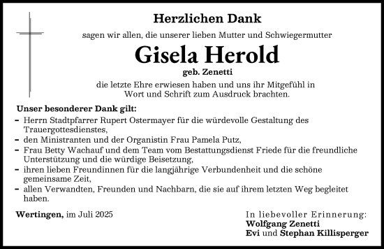 Traueranzeige von Gisela Herold von Wertinger Zeitung