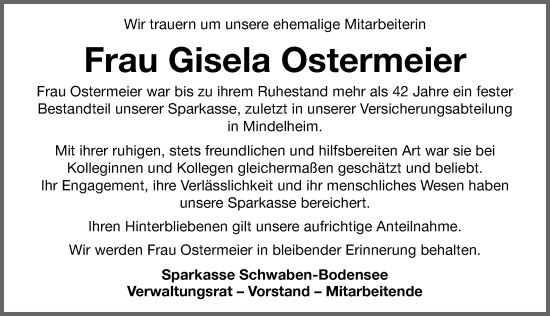 Traueranzeige von Gisela Ostermeier von Mindelheimer Zeitung