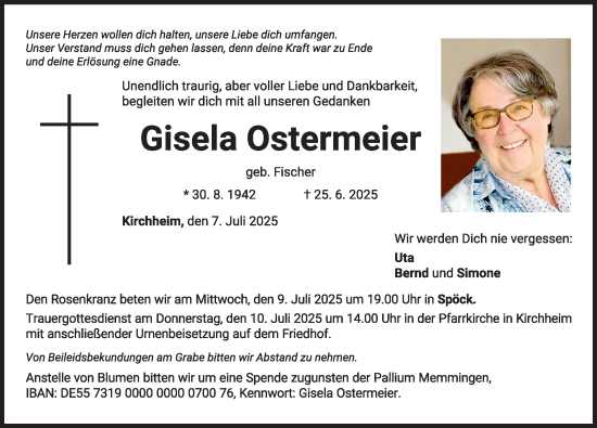 Traueranzeige von Gisela Ostermeier von Mindelheimer Zeitung