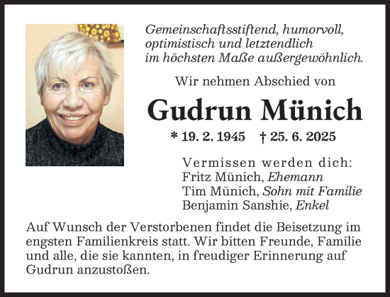 Traueranzeige von Gudrun Münich von Augsburger Allgemeine