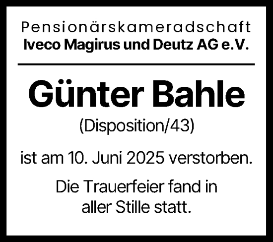Traueranzeige von Günter Bahle von Neu-Ulmer Zeitung, Günzburger Zeitung, Illertisser Zeitung