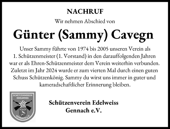 Traueranzeige von Günter Cavegn von Schwabmünchner Allgemeine