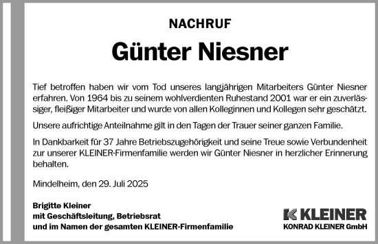 Traueranzeige von Günter Niesner von Mindelheimer Zeitung
