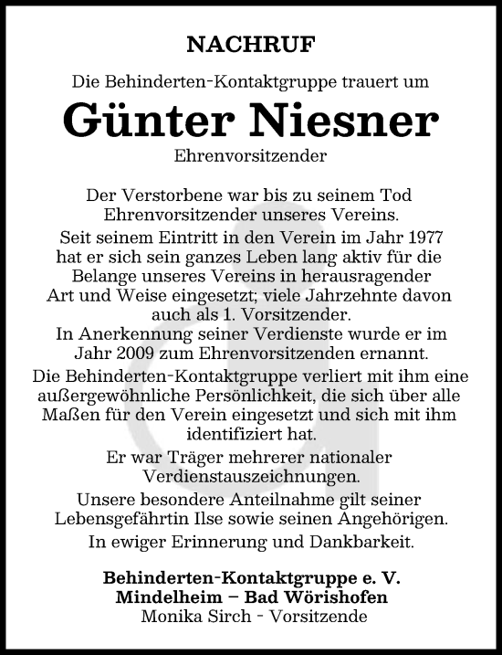 Traueranzeige von Günter Niesner von Mindelheimer Zeitung