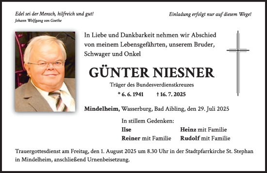 Traueranzeige von Günter Niesner von Mindelheimer Zeitung