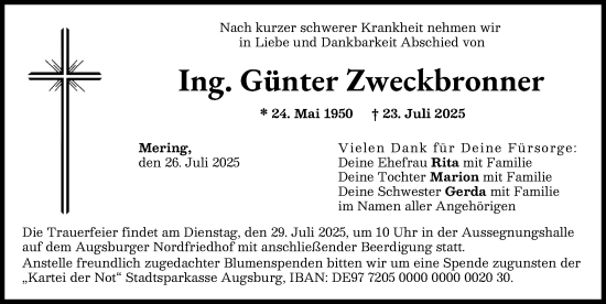 Traueranzeige von Günter Zweckbronner von Friedberger Allgemeine, Augsburger Allgemeine
