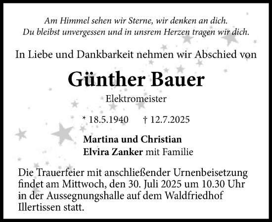 Traueranzeige von Günther Bauer von Illertisser Zeitung