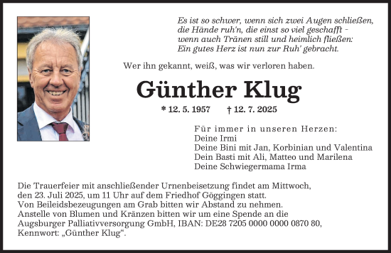 Traueranzeige von Günther Klug von Augsburger Allgemeine