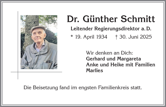 Traueranzeige von Günther Schmitt von Augsburger Allgemeine