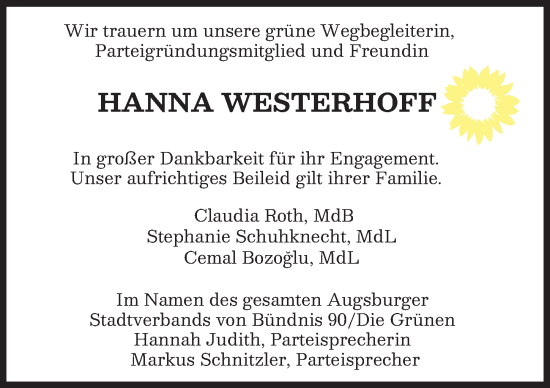 Traueranzeige von Hanna Westerhoff von Augsburger Allgemeine
