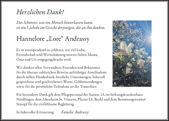 Traueranzeige von Hannelore Andrassy von Rieser Nachrichten