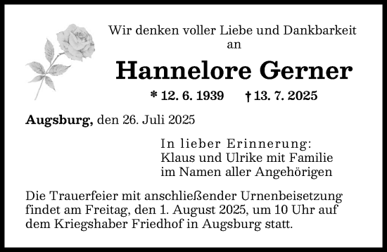 Traueranzeige von Hannelore Gerner von Augsburger Allgemeine
