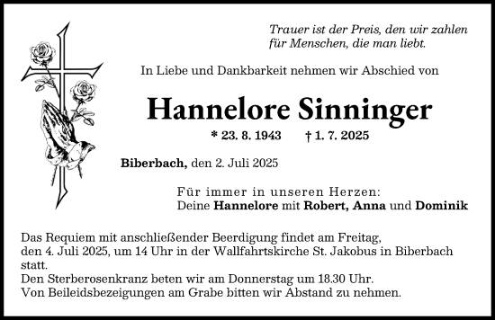 Traueranzeige von Hannelore Sinninger von Augsburg-Land