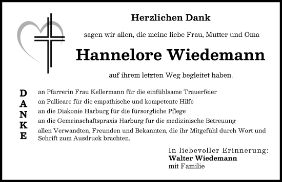 Traueranzeige von Hannelore Wiedemann von Donauwörther Zeitung