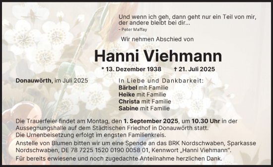 Traueranzeige von Hanni Viehmann von Donauwörther Zeitung