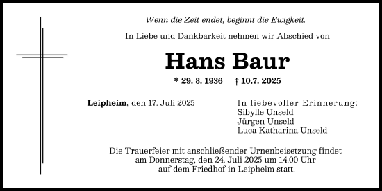 Traueranzeige von Hans Baur von Günzburger Zeitung