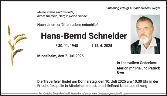 Traueranzeige von Hans-Bernd Schneider von Mindelheimer Zeitung