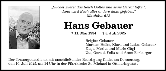 Traueranzeige von Hans Gebauer von Augsburger Allgemeine, Friedberger Allgemeine