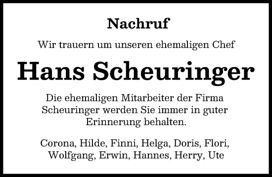 Traueranzeige von Hans Scheuringer von Landsberger Tagblatt