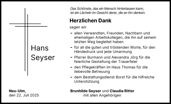 Traueranzeige von Hans Seyser von Neu-Ulmer Zeitung, Augsburger Allgemeine