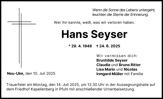 Traueranzeige von Hans Seyser von Neu-Ulmer Zeitung, Augsburger Allgemeine