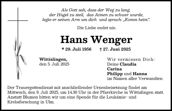 Traueranzeige von Hans Wenger von Donau Zeitung