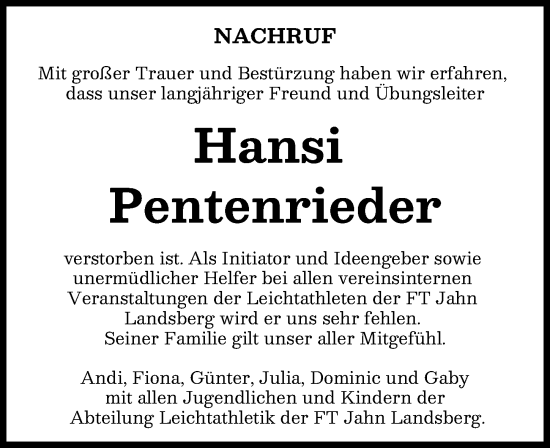 Traueranzeige von Hansi Pentenrieder von Landsberger Tagblatt