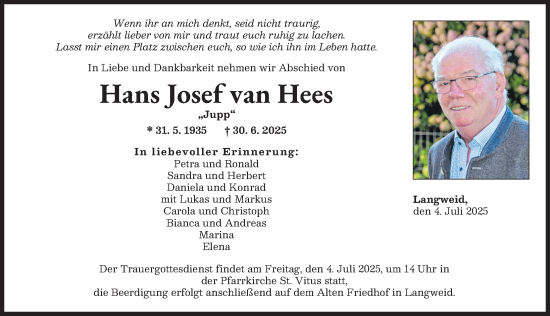 Traueranzeige von Hans Josef van Hees von Augsburger Allgemeine
