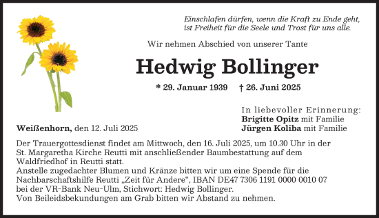 Traueranzeige von Hedwig Bollinger von Neu-Ulmer Zeitung