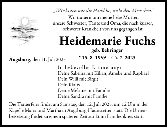 Traueranzeige von Heidemarie Fuchs von Augsburger Allgemeine