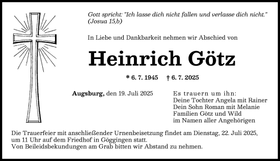 Traueranzeige von Heinrich Götz von Augsburger Allgemeine