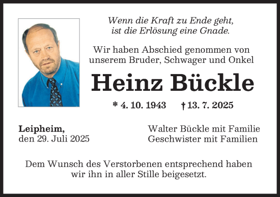 Traueranzeige von Heinz Bückle von Günzburger Zeitung