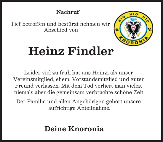 Traueranzeige von Heinz Findler von Günzburger Zeitung