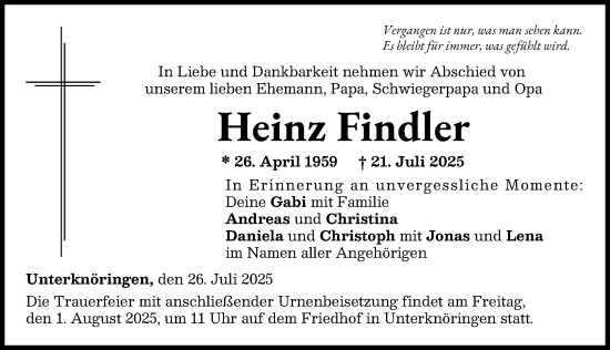 Traueranzeige von Heinz Findler von Günzburger Zeitung