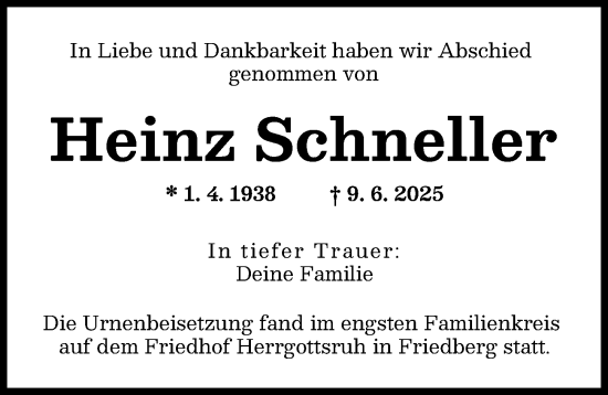 Traueranzeige von Heinz Schneller von Friedberger Allgemeine