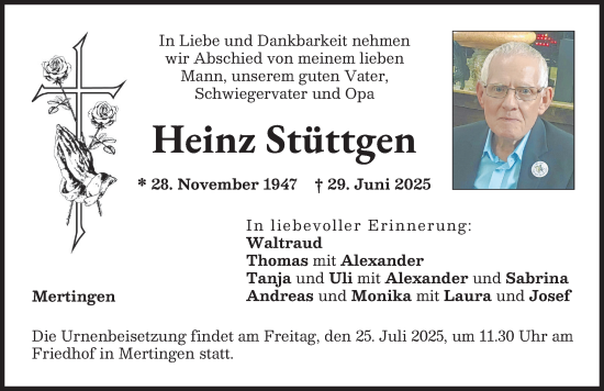Traueranzeige von Heinz Stüttgen von Donauwörther Zeitung