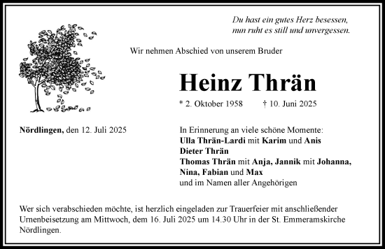 Traueranzeige von Heinz Thrän von Rieser Nachrichten