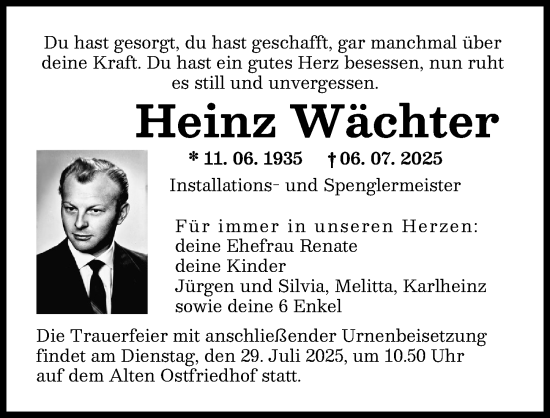 Traueranzeige von Heinz Wächter von Augsburger Allgemeine