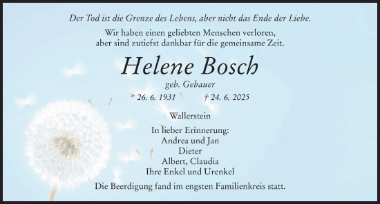 Traueranzeige von Helene Bosch von Rieser Nachrichten