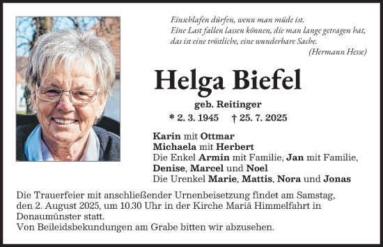 Traueranzeige von Helga Biefel von Donauwörther Zeitung
