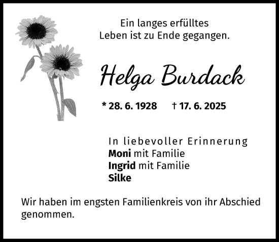 Traueranzeige von Helga Burdack von Donau Zeitung