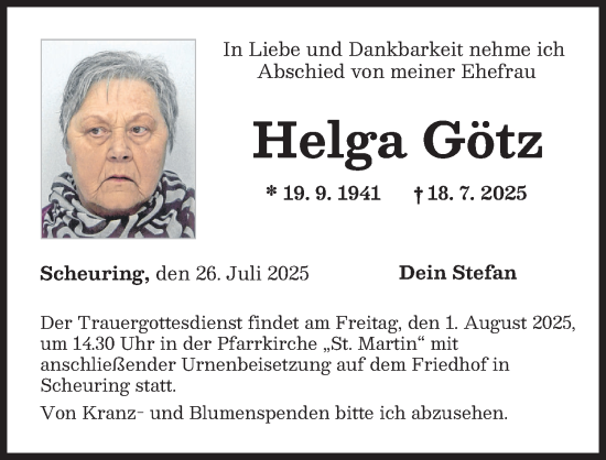 Traueranzeige von Helga Götz von Landsberger Tagblatt