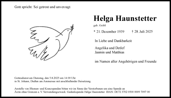 Traueranzeige von Helga Haunstetter von Ammersee Kurier